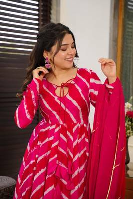 Pink Leheriya Organza Anarkali Suit Set 3