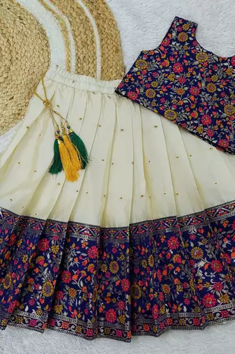 Girl's Traditional Blue Readymade South Indian Pattu Pavadai Lehenga Choli For Kid's