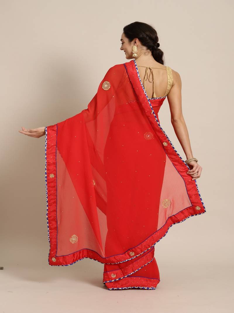 Red Hand Embellished Georgette Saree
