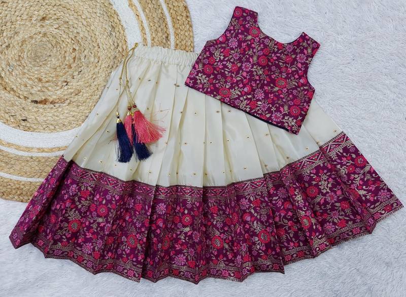 Girl's Traditional Maroon Readymade South Indian Pattu Pavadai Lehenga Choli For Kid's