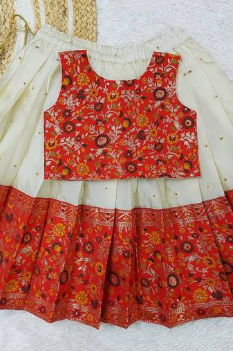 Girl's Traditional Red Readymade South Indian Pattu Pavadai Lehenga Choli For Kid's