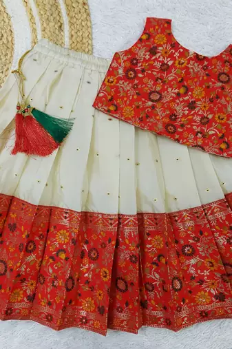 Girl's Traditional Red Readymade South Indian Pattu Pavadai Lehenga Choli For Kid's