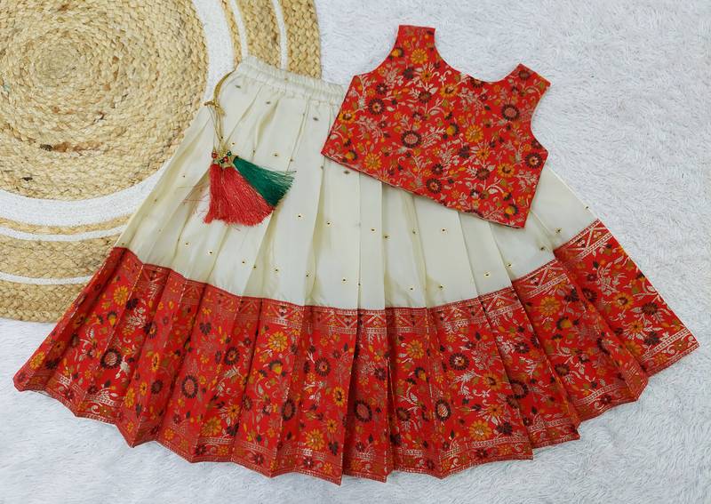 Girl's Traditional Red Readymade South Indian Pattu Pavadai Lehenga Choli For Kid's