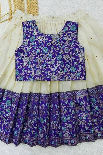 Girl's Traditional Royal Blue Readymade South Indian Pattu Pavadai Lehenga Choli For Kid's