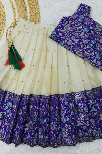 Girl's Traditional Royal Blue Readymade South Indian Pattu Pavadai Lehenga Choli For Kid's