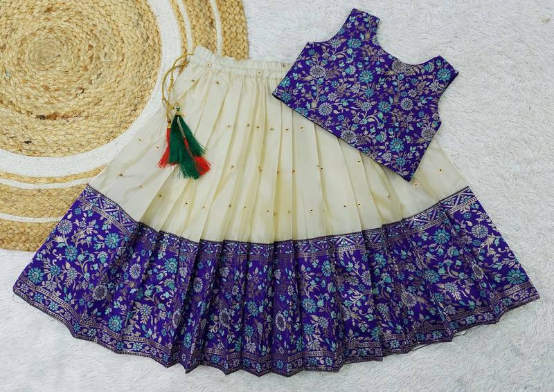 Girl's Traditional Royal Blue Readymade South Indian Pattu Pavadai Lehenga Choli For Kid's