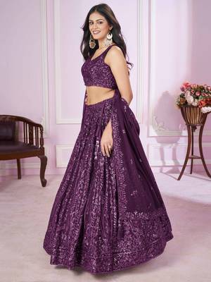 excellent purple sequins georgette lehenga set choli with dupatta 3
