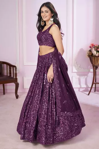 excellent purple sequins georgette lehenga set choli with dupatta