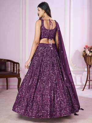 excellent purple sequins georgette lehenga set choli with dupatta 5