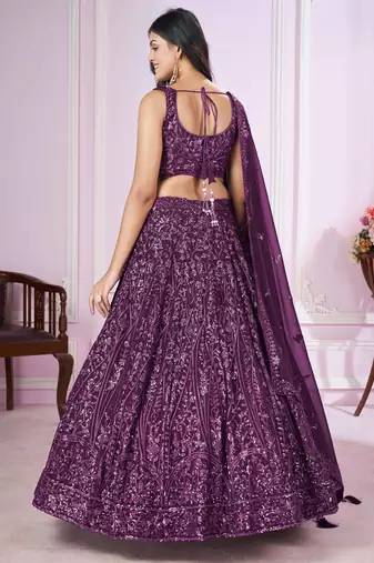 excellent purple sequins georgette lehenga set choli with dupatta