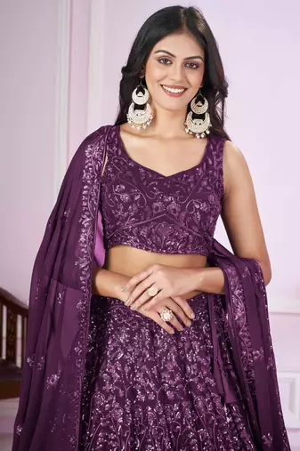excellent purple sequins georgette lehenga set choli with dupatta