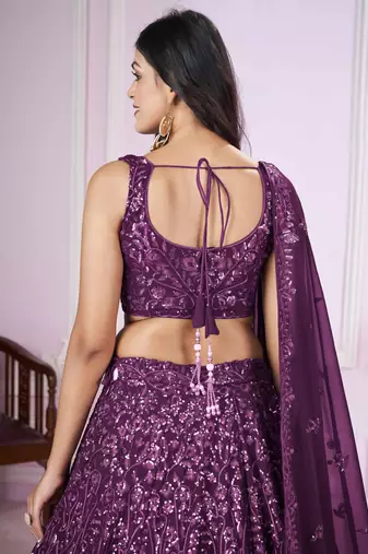 excellent purple sequins georgette lehenga set choli with dupatta