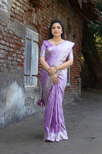 Purple banarasi style treditional satin silk border saree with Blouse