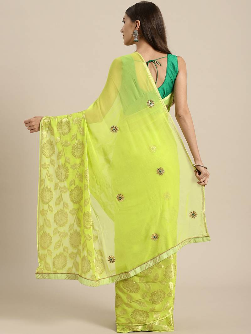 Lime Green Hand Embellished Gota Patti Sustainable Saree