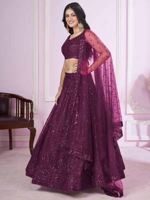 purple sequin net party lehenga set choli with dupatta with dupatta 3