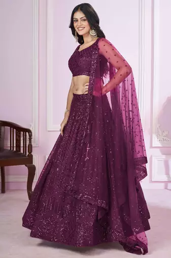 purple sequin net party lehenga set choli with dupatta with dupatta