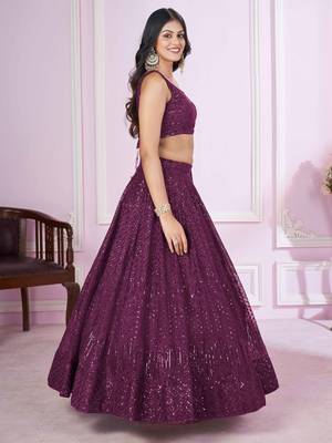 purple sequin net party lehenga set choli with dupatta with dupatta 4