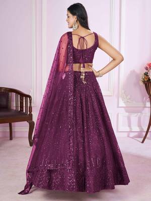 purple sequin net party lehenga set choli with dupatta with dupatta 5
