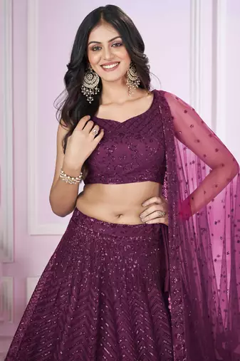 purple sequin net party lehenga set choli with dupatta with dupatta