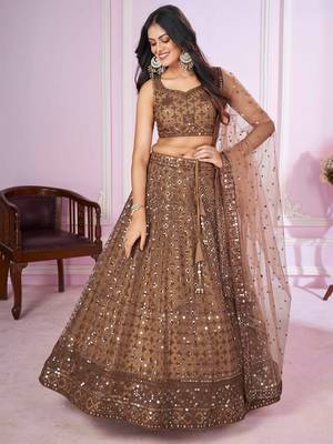 brown embroidery net lehenga set choli with dupatta 1