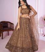 brown embroidery net lehenga set choli with dupatta