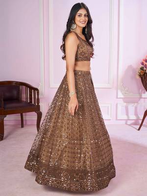 brown embroidery net lehenga set choli with dupatta 3