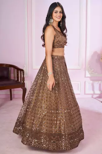 brown embroidery net lehenga set choli with dupatta