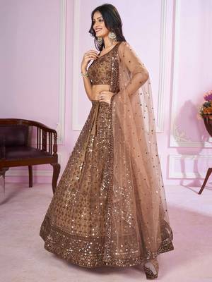 brown embroidery net lehenga set choli with dupatta 4
