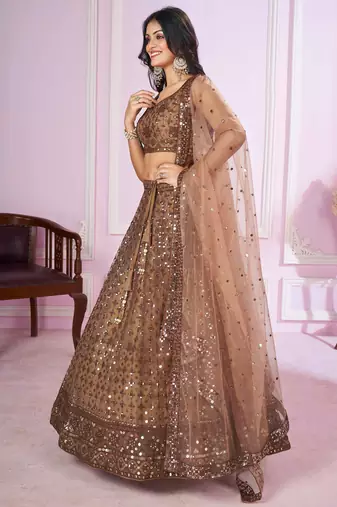 brown embroidery net lehenga set choli with dupatta