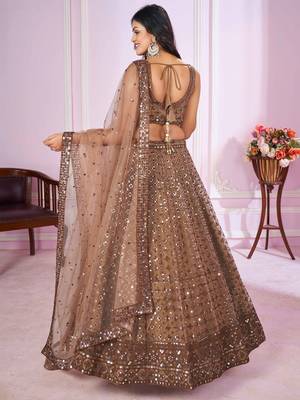 brown embroidery net lehenga set choli with dupatta 5