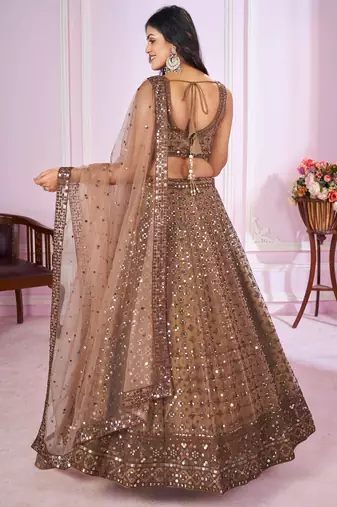 brown embroidery net lehenga set choli with dupatta