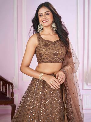 brown embroidery net lehenga set choli with dupatta 6