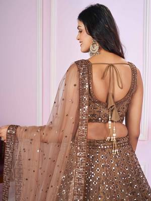 brown embroidery net lehenga set choli with dupatta 7