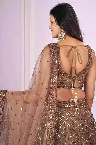 brown embroidery net lehenga set choli with dupatta
