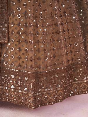 brown embroidery net lehenga set choli with dupatta 8
