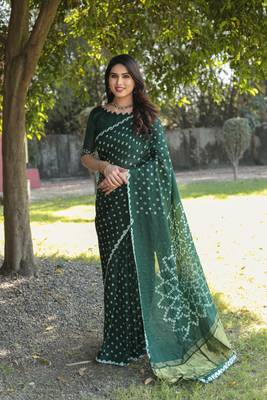 Women Green Bandhej Printed Art Silk Zari Weaving And Rich Pallu Saree With Blouse For Women 1