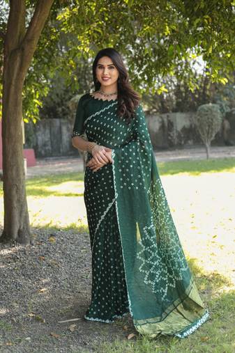 Women Green Bandhej Printed Art Silk Zari Weaving And Rich Pallu Saree With Blouse For Women