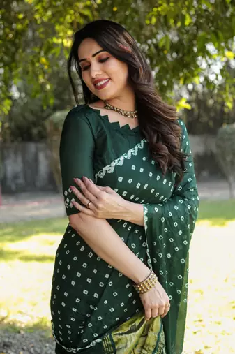 Women Green Bandhej Printed Art Silk Zari Weaving And Rich Pallu Saree With Blouse For Women