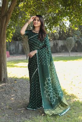 Women Green Bandhej Printed Art Silk Zari Weaving And Rich Pallu Saree With Blouse For Women 3