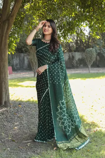Women Green Bandhej Printed Art Silk Zari Weaving And Rich Pallu Saree With Blouse For Women