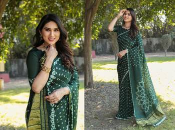 Women Green Bandhej Printed Art Silk Zari Weaving And Rich Pallu Saree With Blouse For Women 5