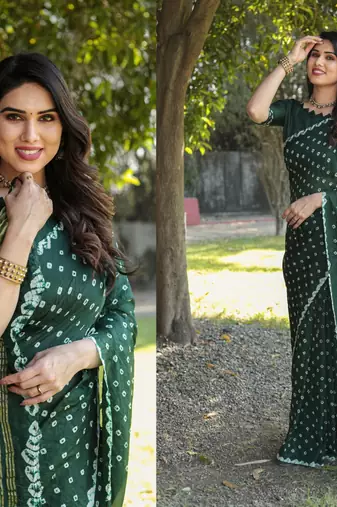 Women Green Bandhej Printed Art Silk Zari Weaving And Rich Pallu Saree With Blouse For Women