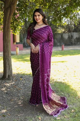 Women Purple Bandhej Printed Art Silk Zari Weaving And Rich Pallu Saree With Blouse For Women