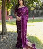 Women Purple Bandhej Printed Art Silk Zari Weaving And Rich Pallu Saree With Blouse For Women