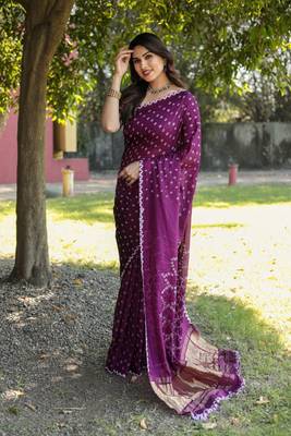 Women Purple Bandhej Printed Art Silk Zari Weaving And Rich Pallu Saree With Blouse For Women 3