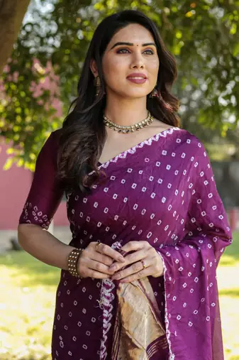 Women Purple Bandhej Printed Art Silk Zari Weaving And Rich Pallu Saree With Blouse For Women