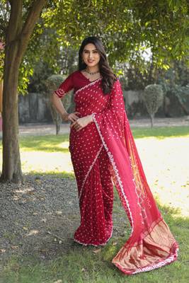 Women Red Bandhej Printed Art Silk Zari Weaving And Rich Pallu Saree With Blouse For Women 1