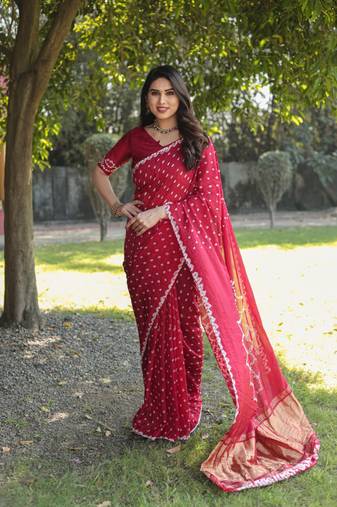 Women Red Bandhej Printed Art Silk Zari Weaving And Rich Pallu Saree With Blouse For Women