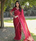Women Red Bandhej Printed Art Silk Zari Weaving And Rich Pallu Saree With Blouse For Women