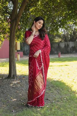 Women Red Bandhej Printed Art Silk Zari Weaving And Rich Pallu Saree With Blouse For Women 3